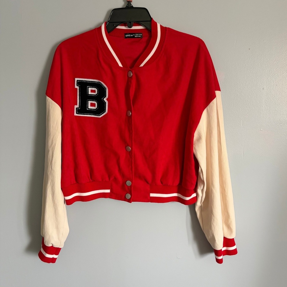 SHEIN Women Red Cropped Varsity Letterman Jacket B Patch Snap Front Size Large
